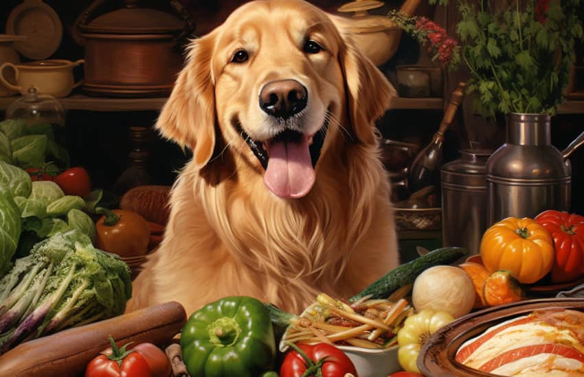 happy dog with food